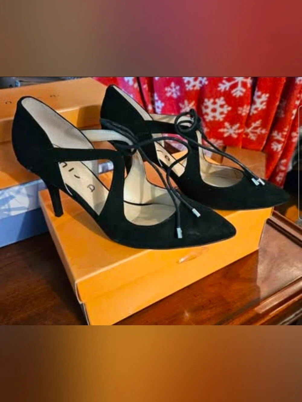 Black Faux Suede Ankle Tie Heels